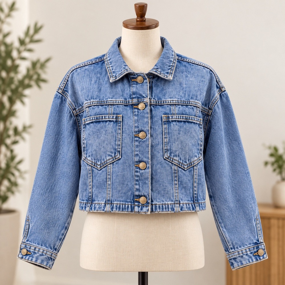 Ashley-Vintage Charm Denim Jacket Womens Medium Blue Acid Wash Cropped Relaxed